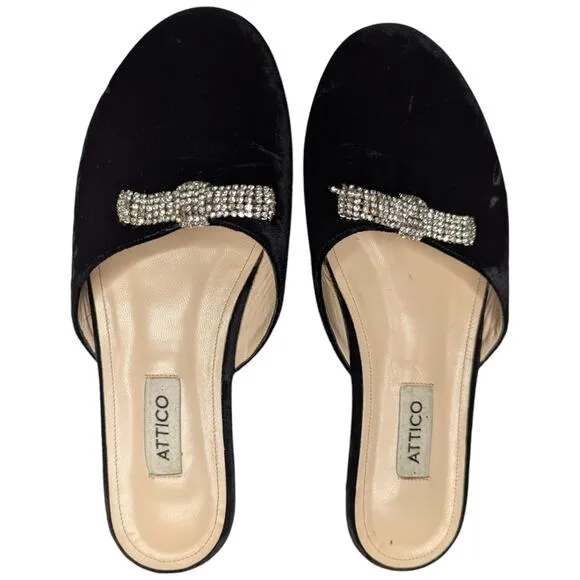 Attico Black Velvet Open Back Rhinestone Bow Detail Mule Flats EU 37.5 US 7