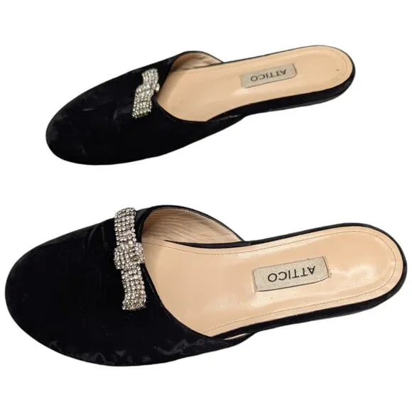 Attico Black Velvet Open Back Rhinestone Bow Detail Mule Flats EU 37.5 US 7