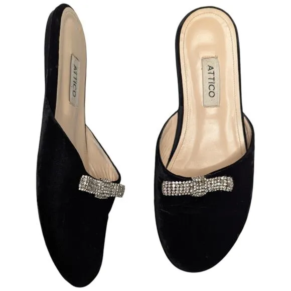 Attico Black Velvet Open Back Rhinestone Bow Detail Mule Flats EU 37.5 US 7
