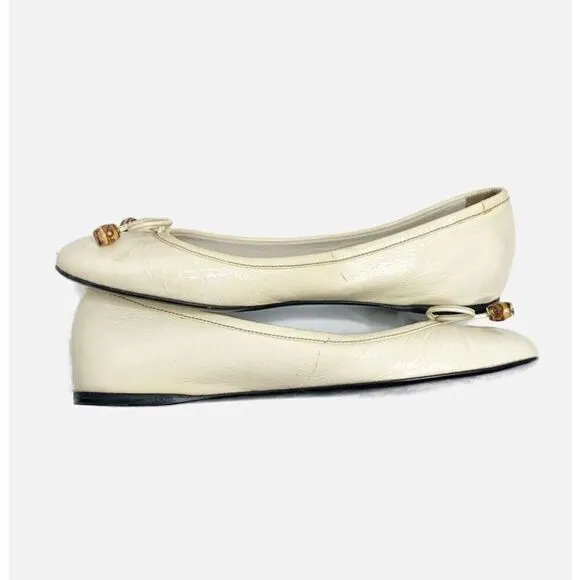 Authentic GUCCI Cream Ivory Patent Leather Bamboo Tassel Bow Ballet Flats 35.5 G