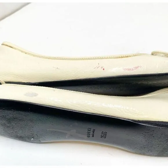 Authentic GUCCI Cream Ivory Patent Leather Bamboo Tassel Bow Ballet Flats 35.5 G