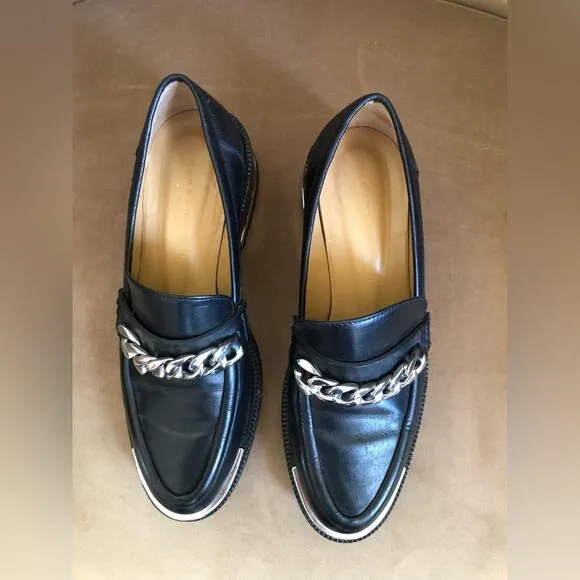 Barbara Bui Black Leather Silver Chain Link Loafers 37