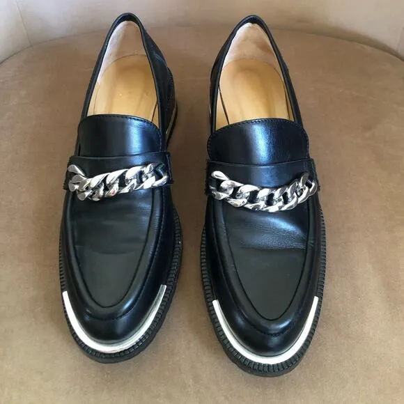 Barbara Bui Black Leather Silver Chain Link Loafers 37