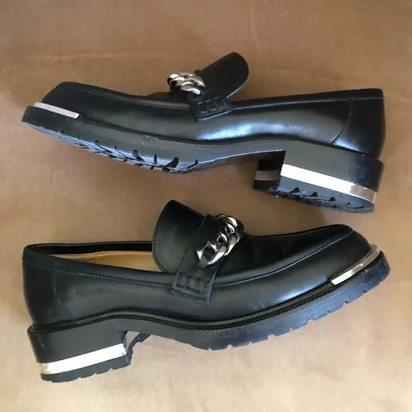 Barbara Bui Black Leather Silver Chain Link Loafers 37