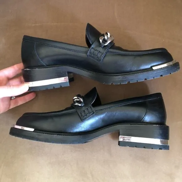 Barbara Bui Black Leather Silver Chain Link Loafers 37