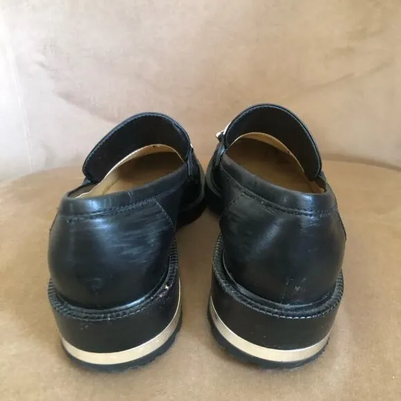 Barbara Bui Black Leather Silver Chain Link Loafers 37