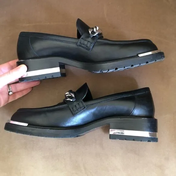 Barbara Bui Black Leather Silver Chain Link Loafers 37