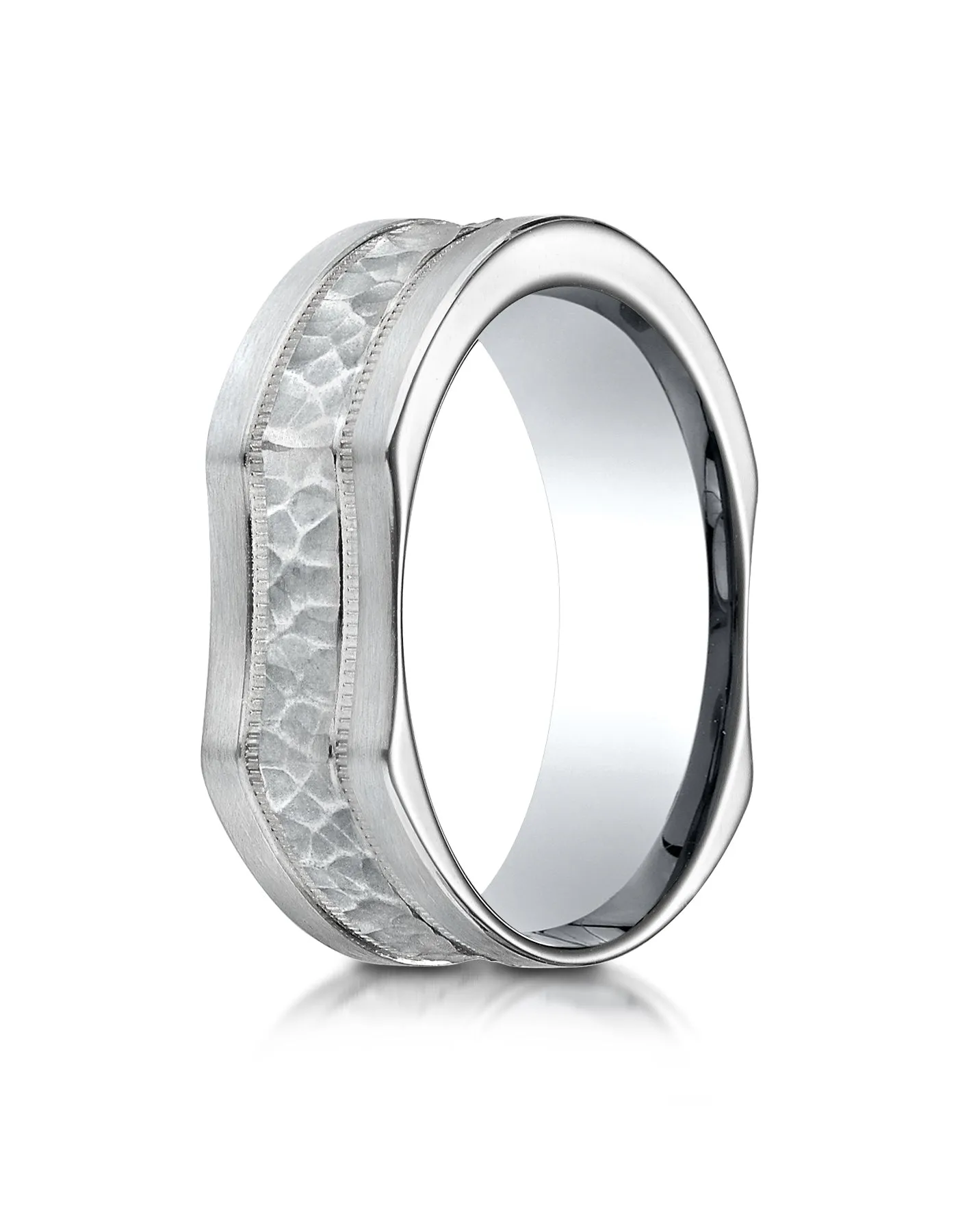 Benchmark 14K White Gold 7mm Ergonomic Comfort-Fit Hammered Finish w/ High Polish Edge Wedding Band Ring