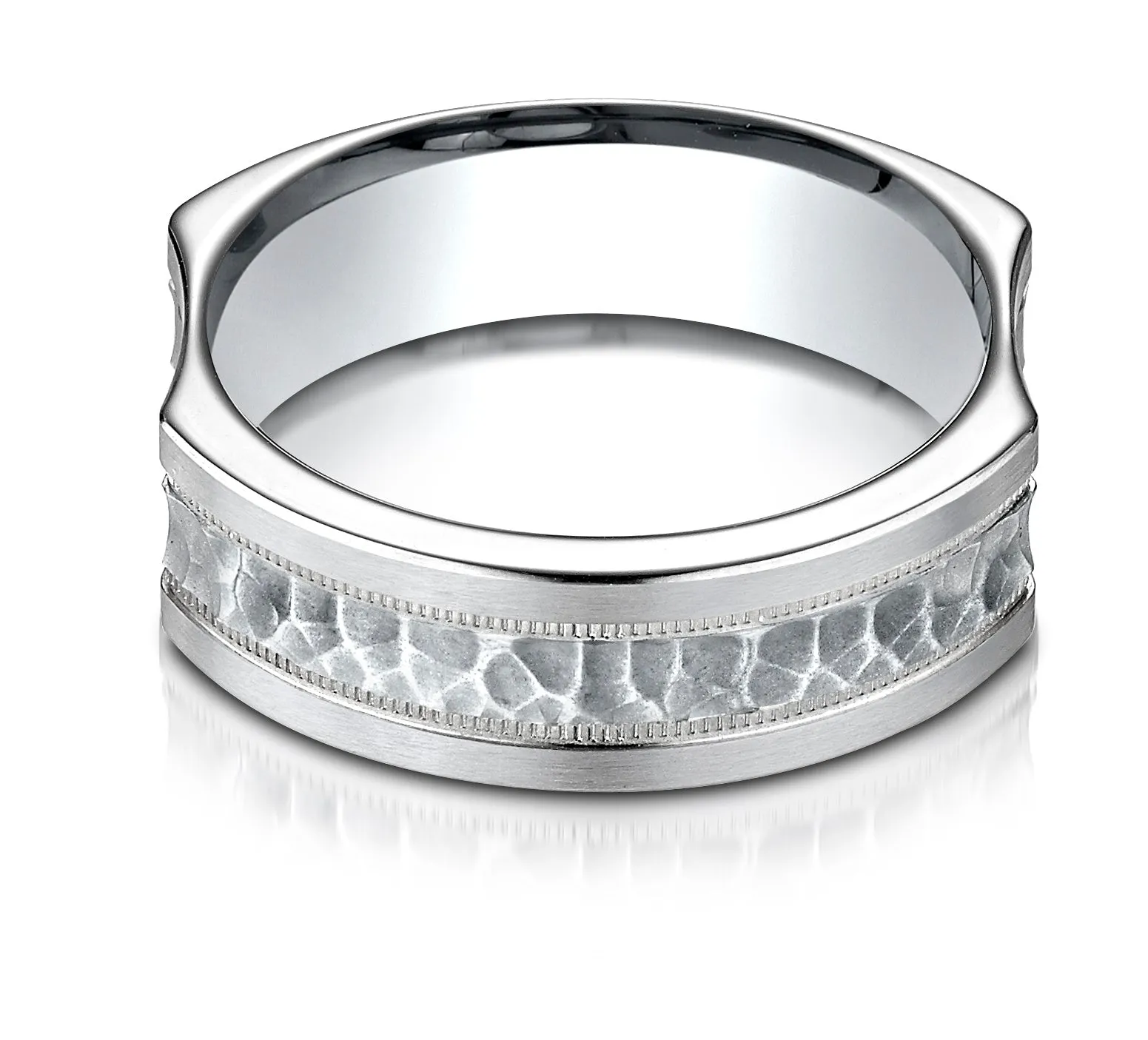 Benchmark 14K White Gold 7mm Ergonomic Comfort-Fit Hammered Finish w/ High Polish Edge Wedding Band Ring