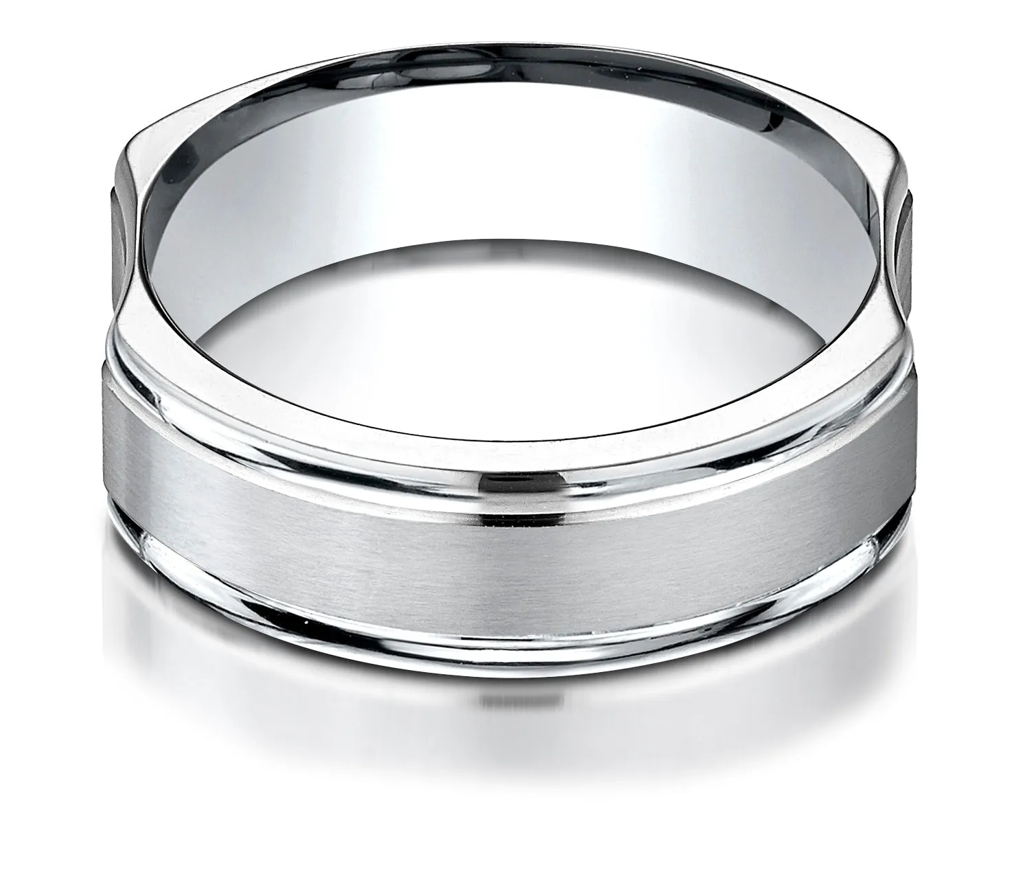 Benchmark 14K White Gold 7mm Ergonomic Comfort-Fit Satin Finish w/  High Polish Edge Design Wedding Band