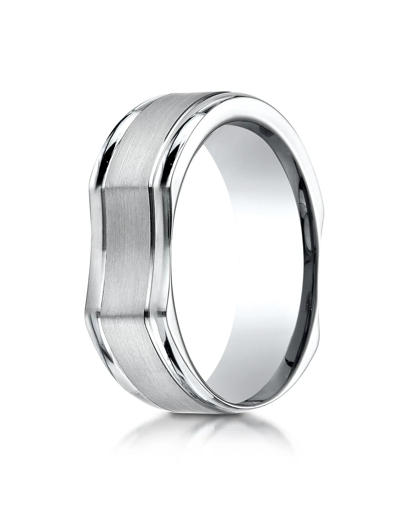 Benchmark 14K White Gold 7mm Ergonomic Comfort-Fit Satin Finish w/  High Polish Edge Design Wedding Band