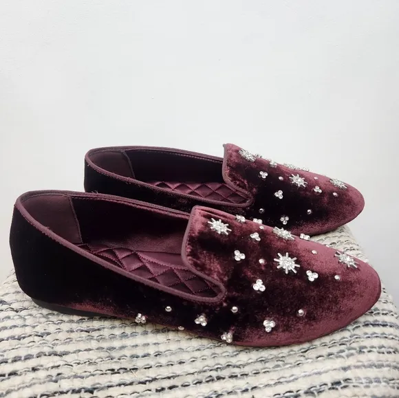 Birdies The Starling Maroon Velvet Crystal Loafer Flats Womens Size 7.5