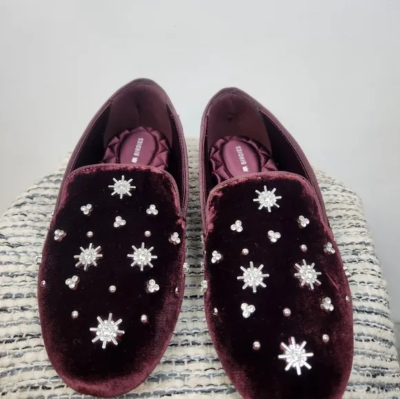 Birdies The Starling Maroon Velvet Crystal Loafer Flats Womens Size 7.5