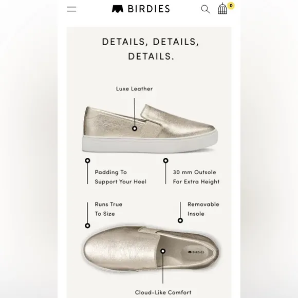 Birdies The Swift Slip-on leather sneakers metallic gold women' size 7