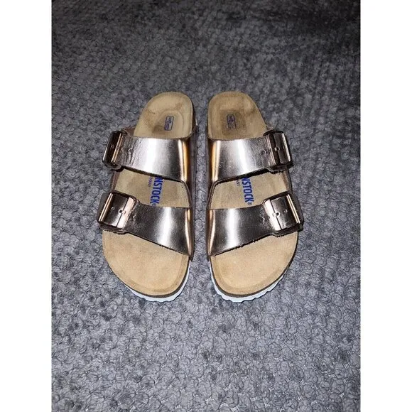 BIRKENSTOCK Arizona Flats Metallic Copper White Everyday Slides Size 38/7