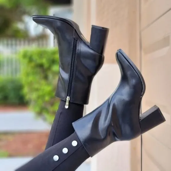 Black High Chunky Heeled Boots Zip‎ Up Square Toe Ankle Booties