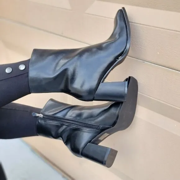 Black High Chunky Heeled Boots Zip‎ Up Square Toe Ankle Booties
