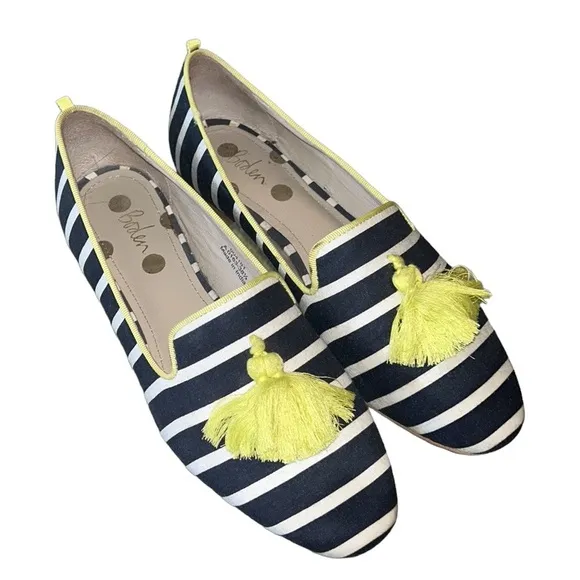 Boden Rowan Navy Blue Striped Yellow Tassel Slipper Loafers - 38.5 / 7.5