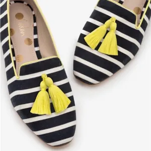 Boden Rowan Navy Blue Striped Yellow Tassel Slipper Loafers - 38.5 / 7.5