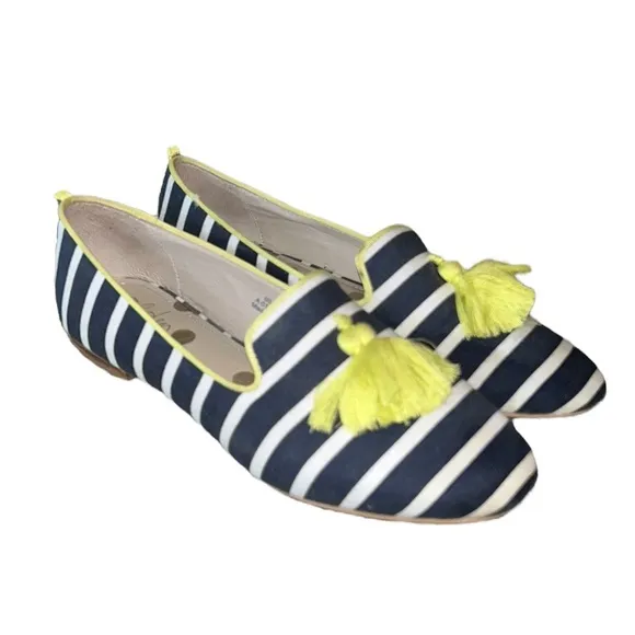Boden Rowan Navy Blue Striped Yellow Tassel Slipper Loafers - 38.5 / 7.5