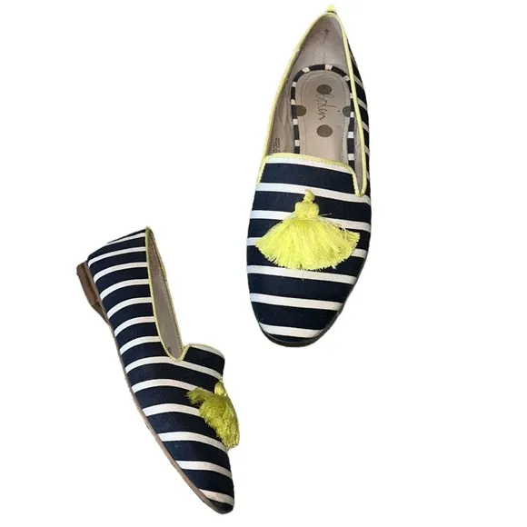 Boden Rowan Navy Blue Striped Yellow Tassel Slipper Loafers - 38.5 / 7.5