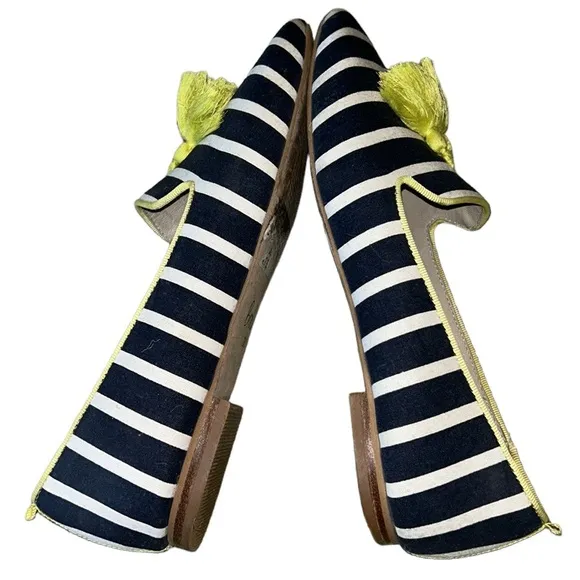 Boden Rowan Navy Blue Striped Yellow Tassel Slipper Loafers - 38.5 / 7.5