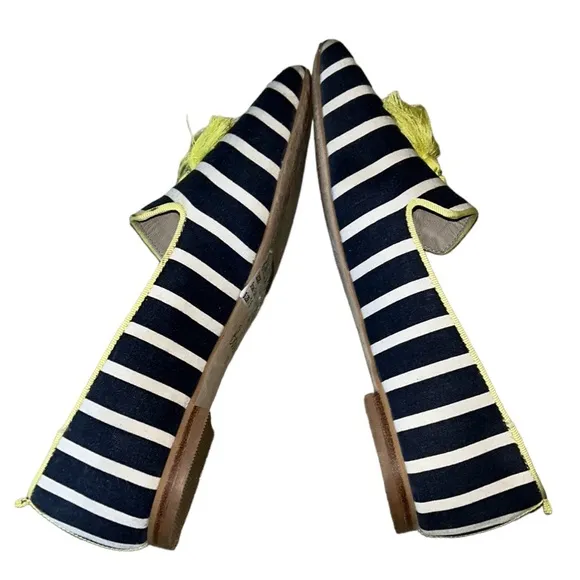 Boden Rowan Navy Blue Striped Yellow Tassel Slipper Loafers - 38.5 / 7.5
