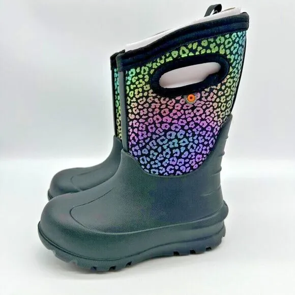 Bogs Bloom Black Leopard Metallic Iridescent Rainbow Boots Neoprene Kids 9
