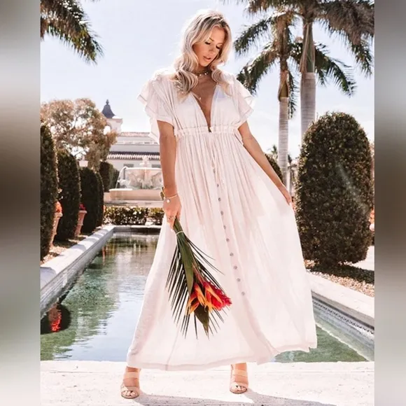 Boho Gauze Button White Maxi Dress Gown Coverup, Butterfly Arms Detail