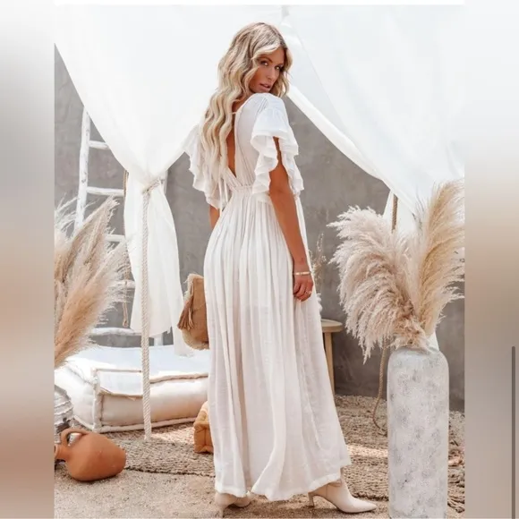 Boho Gauze Button White Maxi Dress Gown Coverup, Butterfly Arms Detail
