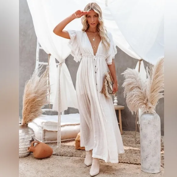 Boho Gauze Button White Maxi Dress Gown Coverup, Butterfly Arms Detail