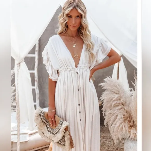 Boho Gauze Button White Maxi Dress Gown Coverup, Butterfly Arms Detail