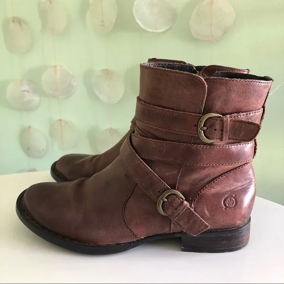 Born McMillan Leather Strappy Buckle Ankle Moto Combat Boots