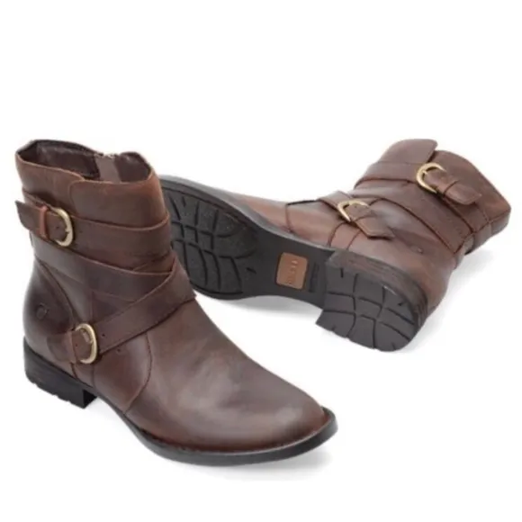 Born McMillan Leather Strappy Buckle Ankle Moto Combat Boots