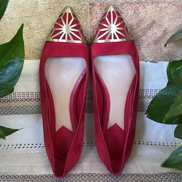 Brian Atwood Women’s Pointed Toe Metallic Cap Leather Suede Shini Red Flats