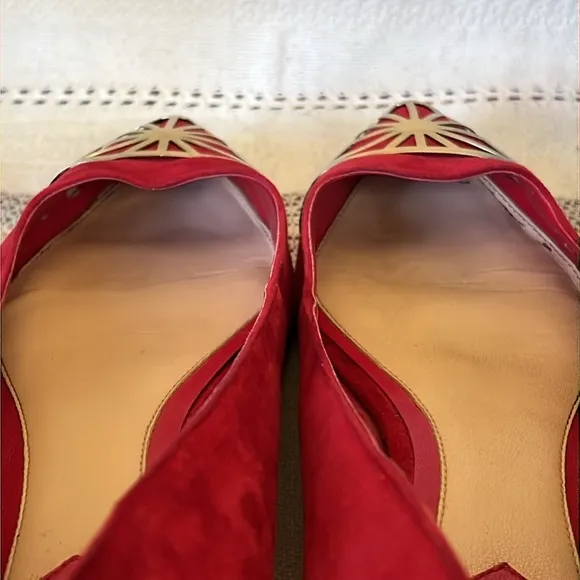 Brian Atwood Women’s Pointed Toe Metallic Cap Leather Suede Shini Red Flats