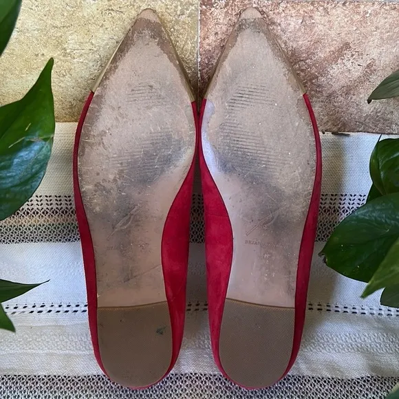 Brian Atwood Women’s Pointed Toe Metallic Cap Leather Suede Shini Red Flats