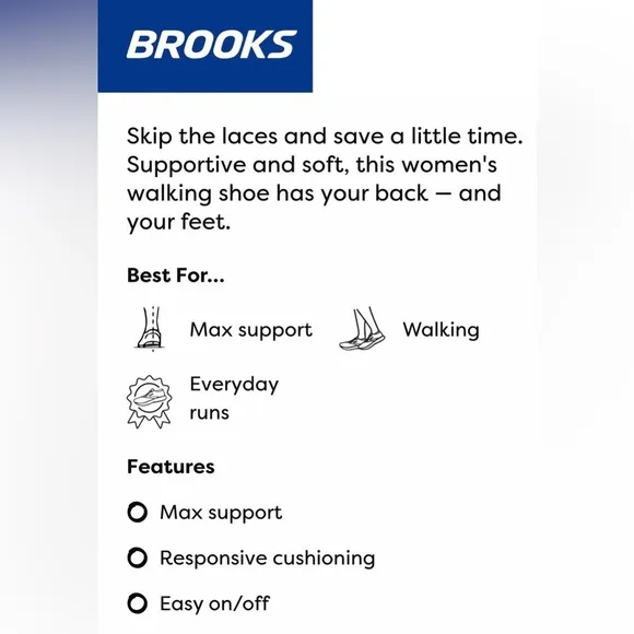 BROOKS ADDICTION WALKER VELCRO V-STRAP, SZ 9.5B MED WIDTH, WHITE, INSOLE READY