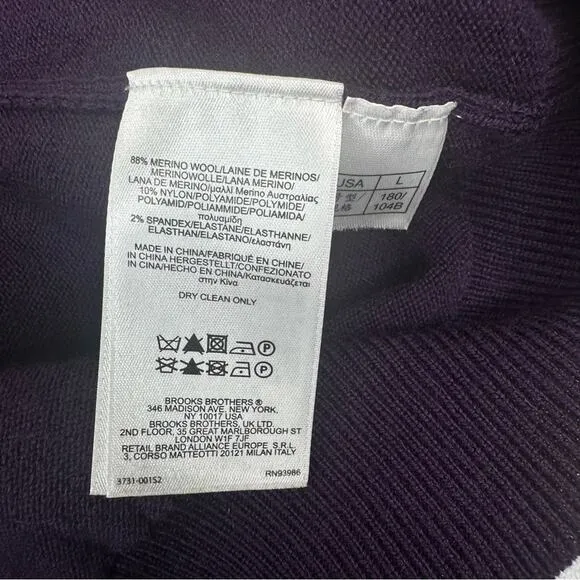 BROOKS BROTHERS Men's Sweater V-Neck Extra Fine Merino Wool Dark Purple Size L