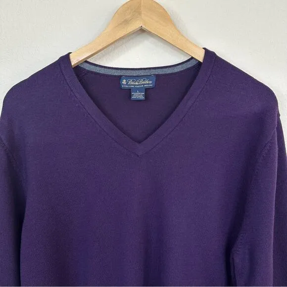 BROOKS BROTHERS Men's Sweater V-Neck Extra Fine Merino Wool Dark Purple Size L