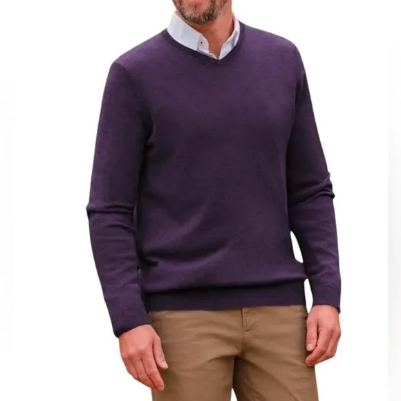 BROOKS BROTHERS Men's Sweater V-Neck Extra Fine Merino Wool Dark Purple Size L