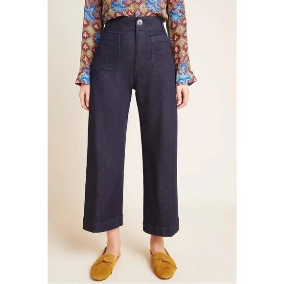 By Anthropologie Capra Wide-Leg Denim Trousers High Waist Patch Pocket Jeans 30