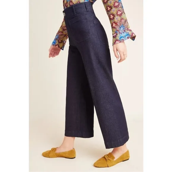 By Anthropologie Capra Wide-Leg Denim Trousers High Waist Patch Pocket Jeans 30
