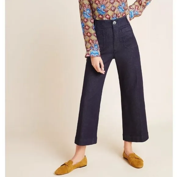 By Anthropologie Capra Wide-Leg Denim Trousers High Waist Patch Pocket Jeans 30