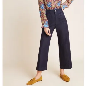 By Anthropologie Capra Wide-Leg Denim Trousers High Waist Patch Pocket Jeans 30