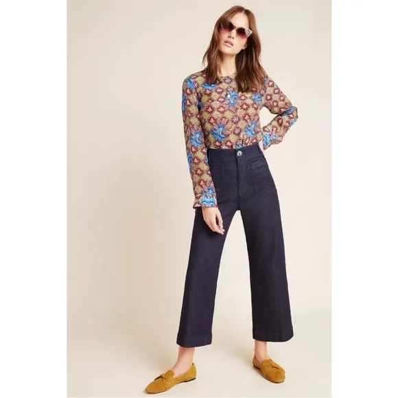 By Anthropologie Capra Wide-Leg Denim Trousers High Waist Patch Pocket Jeans 30