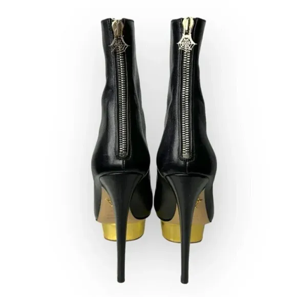 Charlotte Olympia Black Lucinda Golden Platform Ankle Boot 36.5