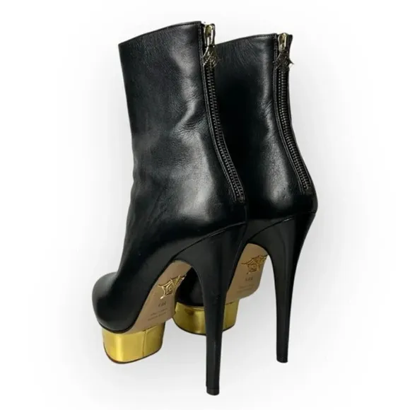 Charlotte Olympia Black Lucinda Golden Platform Ankle Boot 36.5