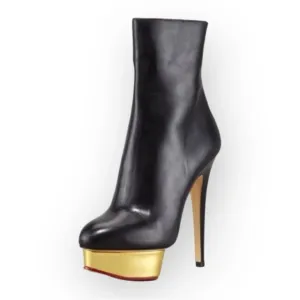 Charlotte Olympia Black Lucinda Golden Platform Ankle Boot 36.5