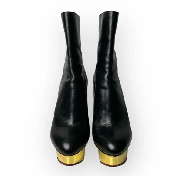 Charlotte Olympia Black Lucinda Golden Platform Ankle Boot 36.5